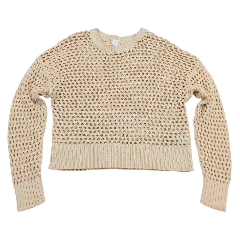 Old Navy Womens Medium Beige Open-Stitch Pullover Sweater Crew Neck Crochet Knit